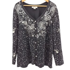 CJ Banks Celestial Black Starburst Dot Print Snap Front Sweatshirt Cardigan‎ 2X